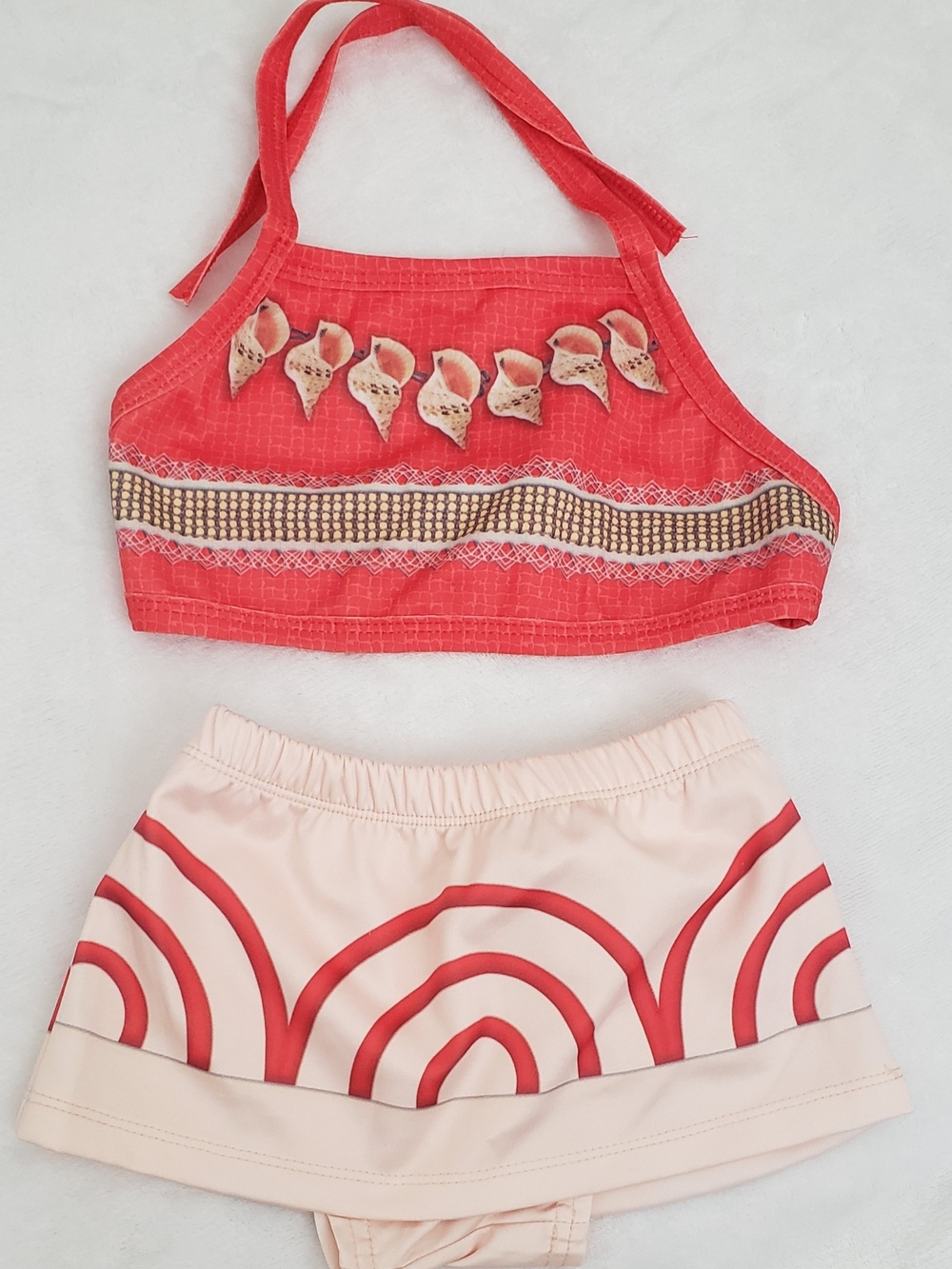 Moana Theme Bikini Set with Shell Accent and Peach Skirt